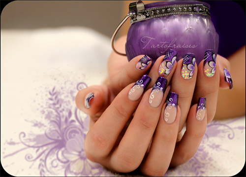 Purple Flower Design Nail Art Idea