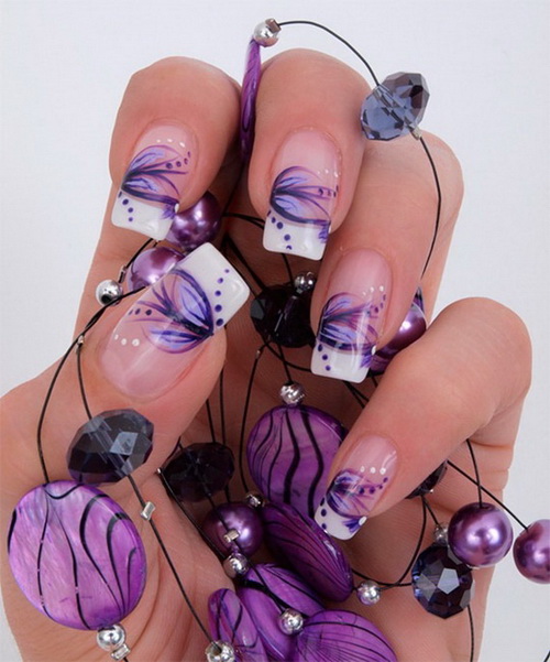 Purple Flowers With White Tip Nail Art Design Idea