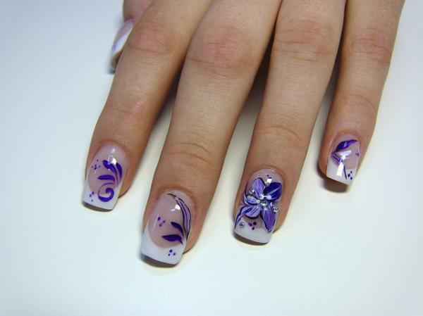 Purple Flowers With White Tip Nail Art Design Idea