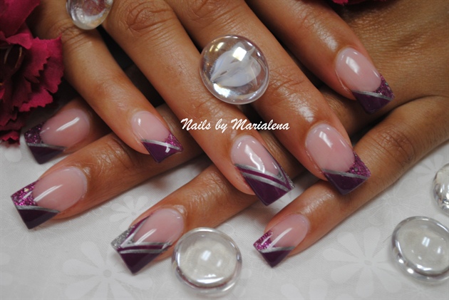 Purple French Tip Nails With Silver Stripes Design Nail Art