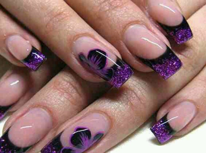 Purple Gel Tips Nail Art With Flowers Design