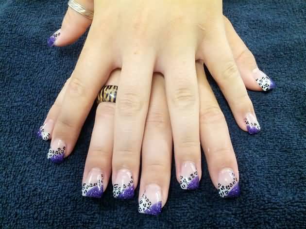 Purple Glitter And Leopard Print Nail Art