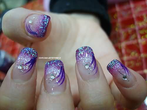 Purple Glitter And Stripes Design Nail Art