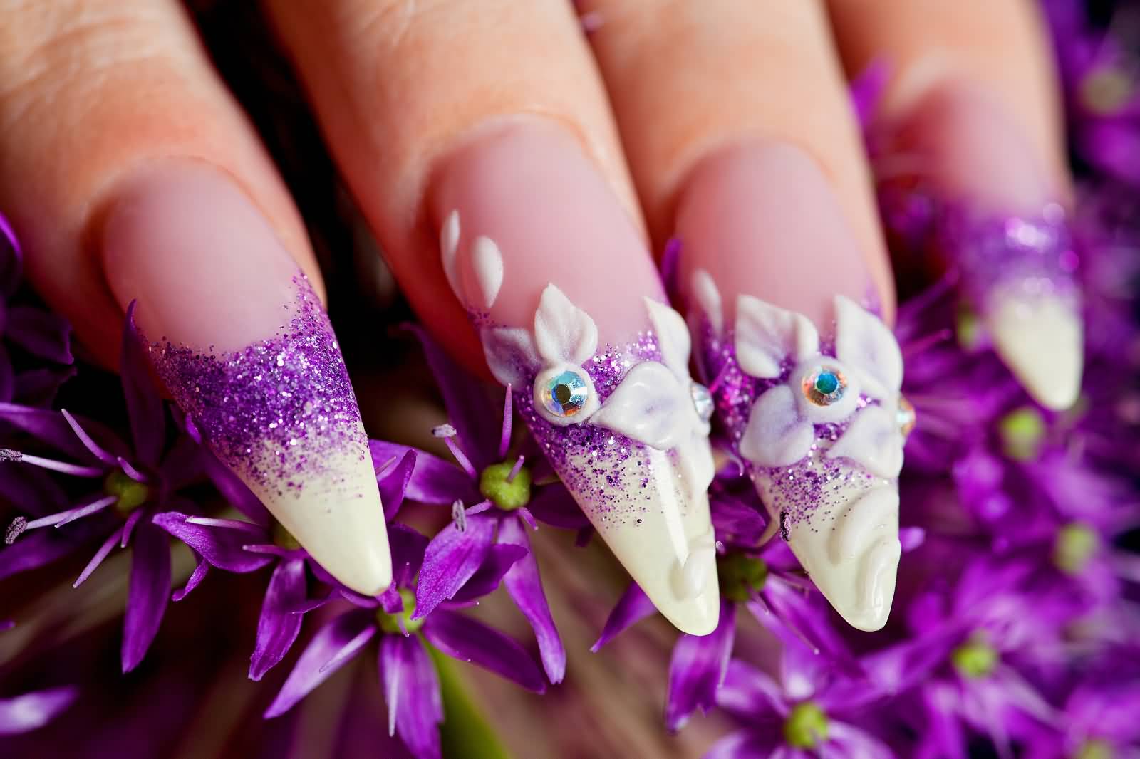 Purple Glitter And White 3D Flowers Nail Art