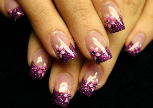 Purple Glitter French Tip With Flowers Design Idea