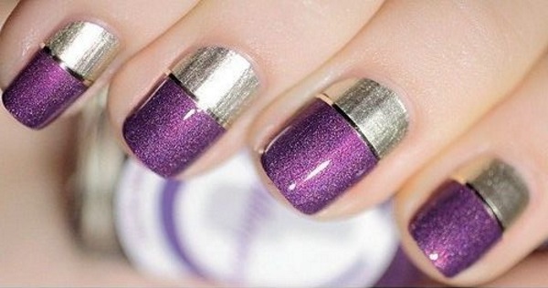 Purple Glitter Gel And Silver Nail Art Design Idea