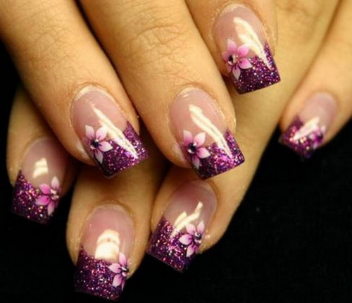 Purple Glitter Gel With Pink Flowers Nail Art
