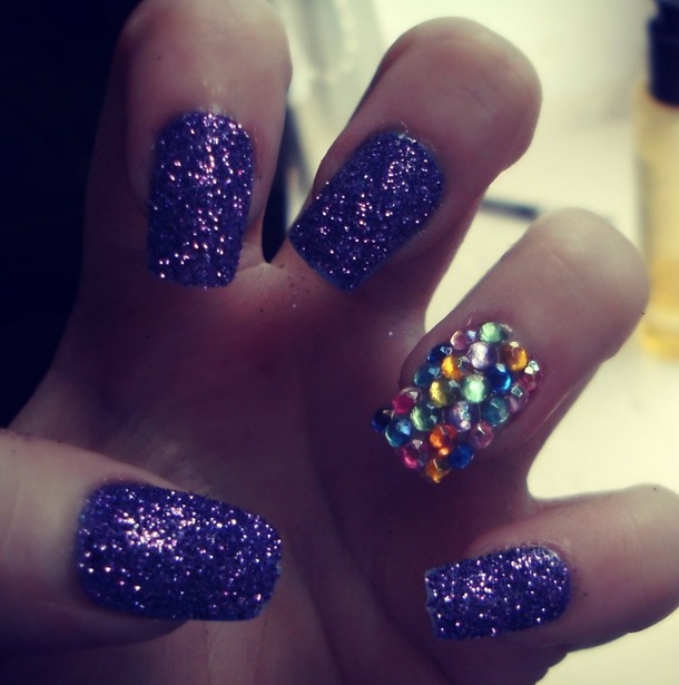 Purple Glitter Nails With Colorful Rhinestones Design Idea