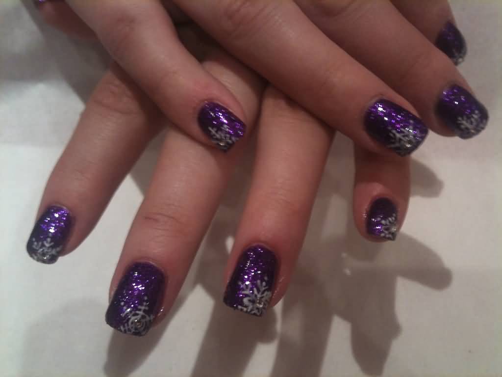 Purple Glitter Nails With Snowflakes Design Idea