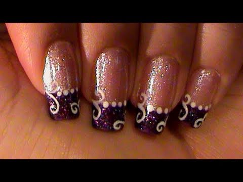 Purple Glitter Nails With White Swirls Design Idea
