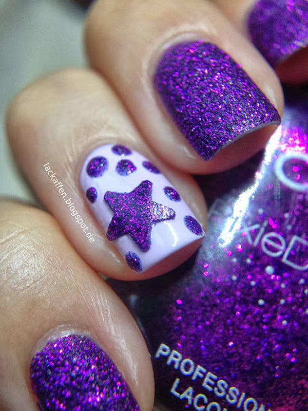Purple Glitter Star And Polka Dots Design Nail Art