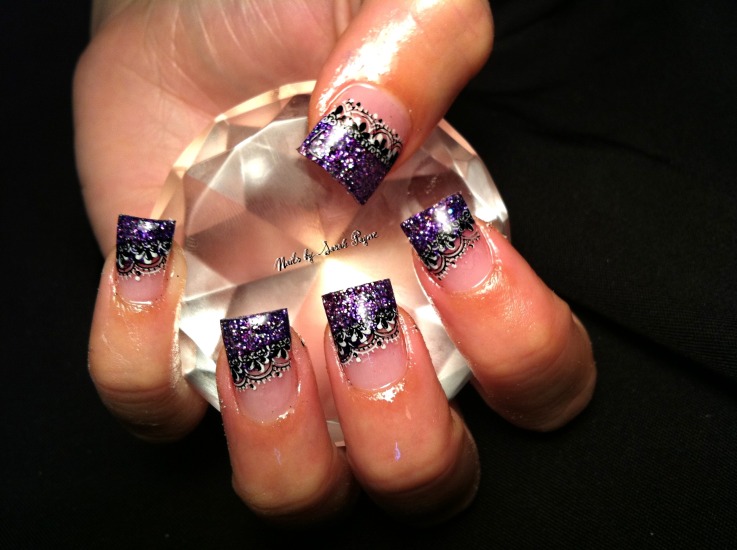 Purple Glitter Tip And Black Lace Design Nail Art