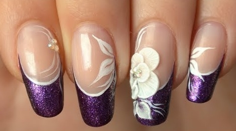 Purple Glitter Tip With White 3D Flower Design Nail Art