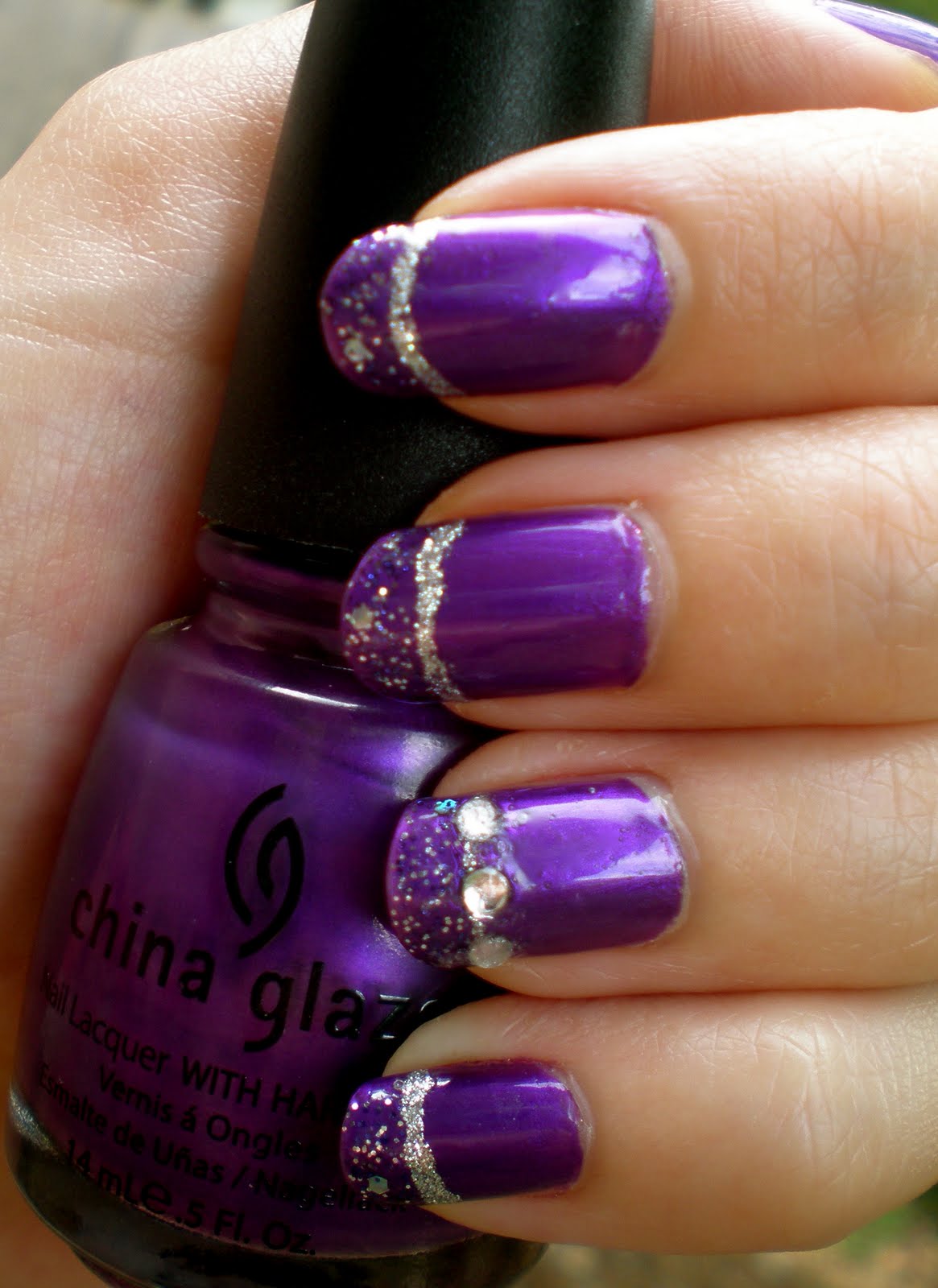 Purple Glossy And Silver Glitter Strip Design Nail Art Idea