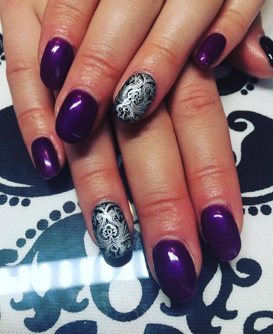 Purple Glossy Nails With Accent Silver Stamping Design