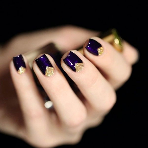 Purple Glossy Nails With Gold Triangles Design Nail Art