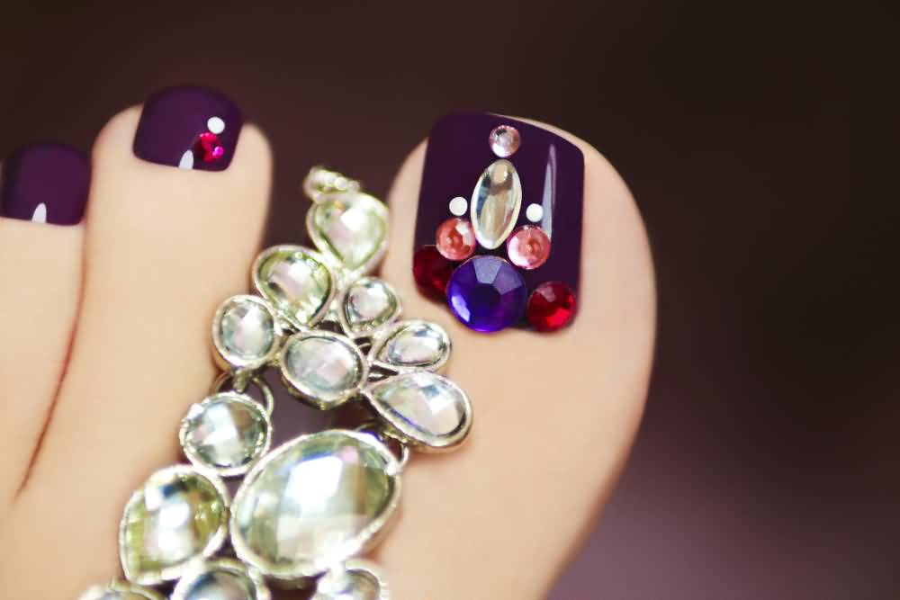 Purple Glossy toe Nails With Crystals Design Idea