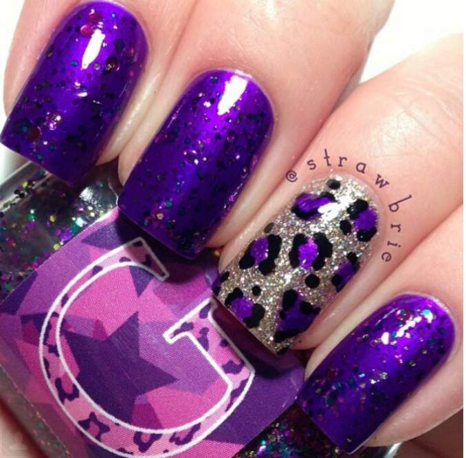 Purple Leopard Print Nail Art On Silver Glitter Nails