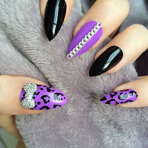 Purple Leopard Print Nail Art With 3D Bow And Chain Design