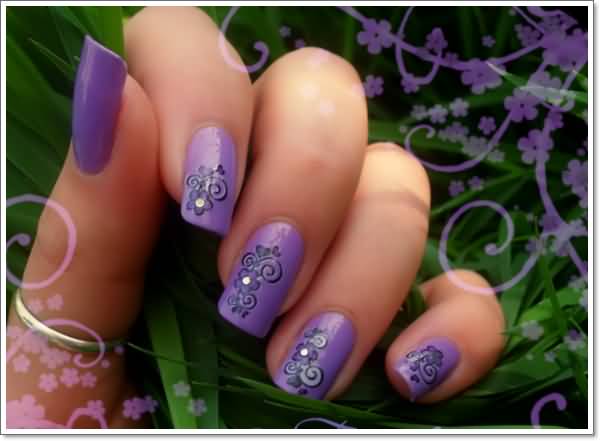 Purple Nails With Black Spiral Design Nail Art