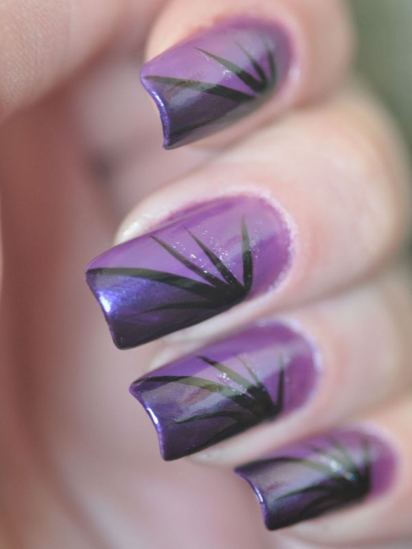 Purple Nails With Black Flower Design Nail Art
