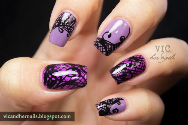 Purple Nails With Black Lace Design Nail Art