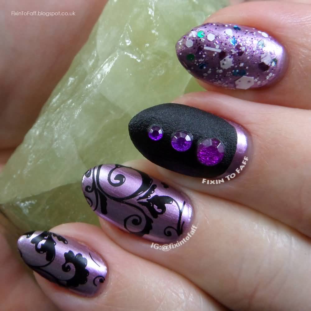 Purple Nails With Black Spiral Floral Design And Rhinestones Nail Art Idea