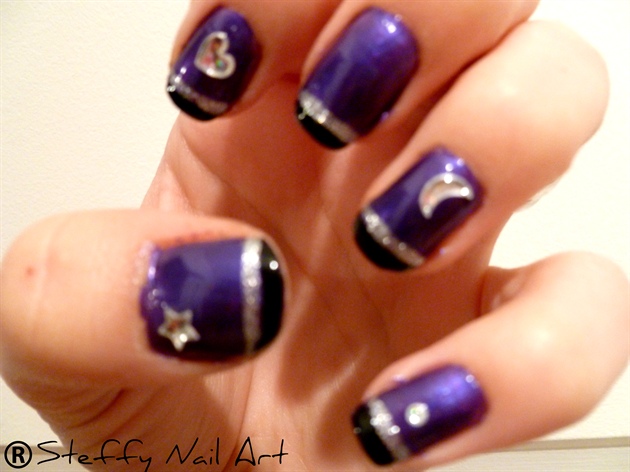 Purple Nails With Black Tip And Silver Stripes Design Nail Art