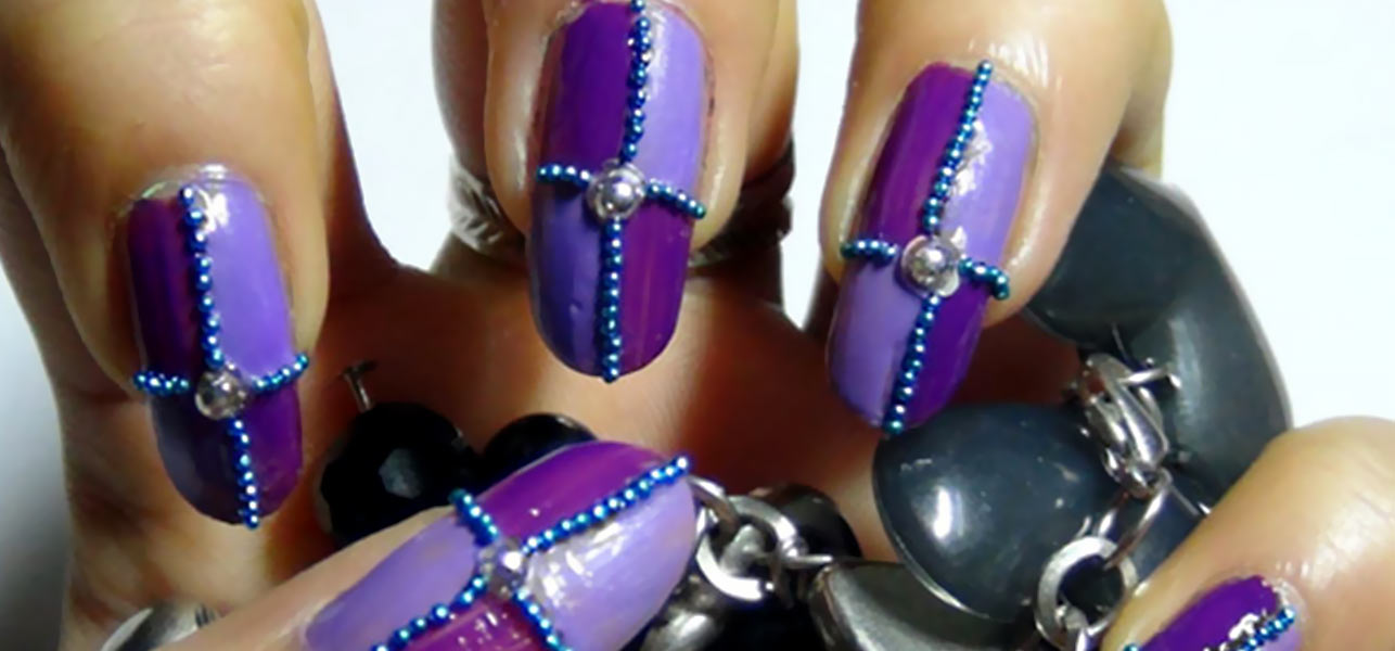Purple Nails With Blue Caviar Beads Design Idea