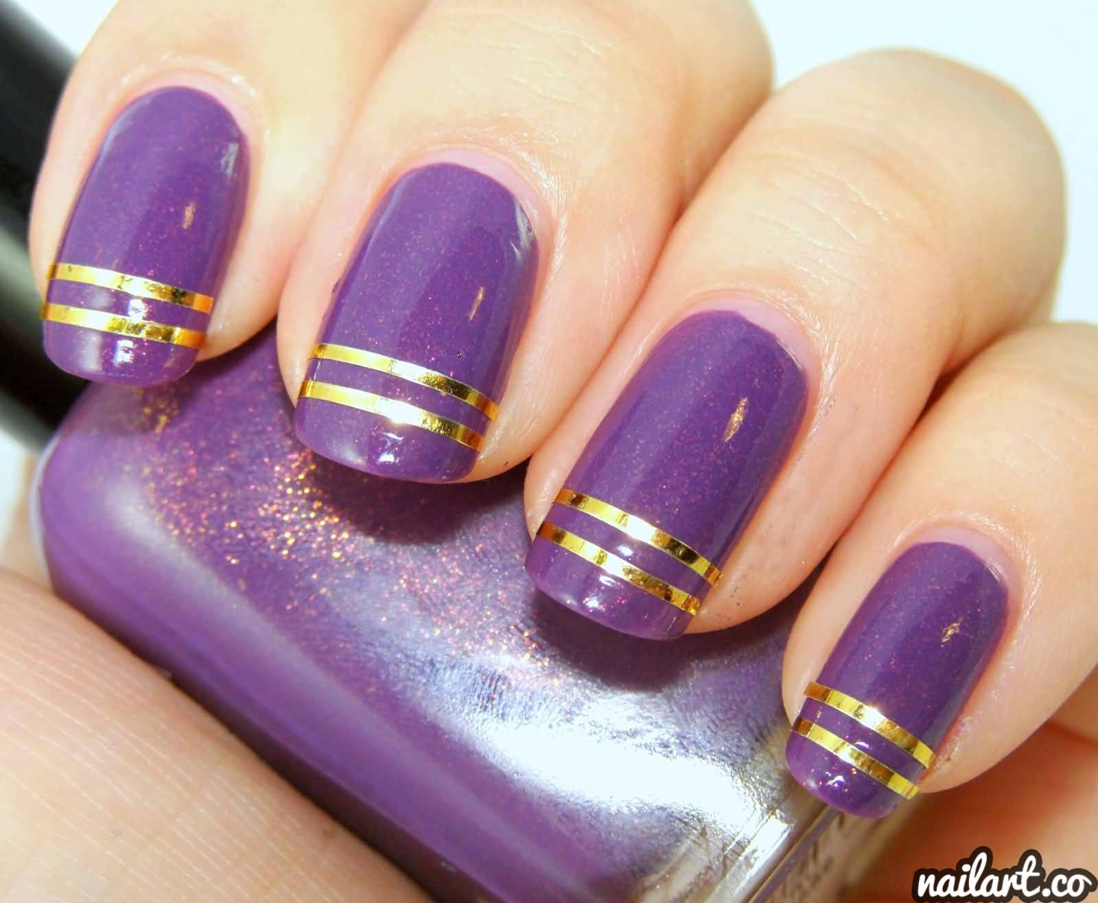 Purple Nails With Gold Stripes Nail Art Design Idea