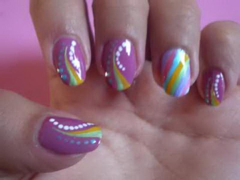 Purple Nails With Multicolored Stripes Design Idea