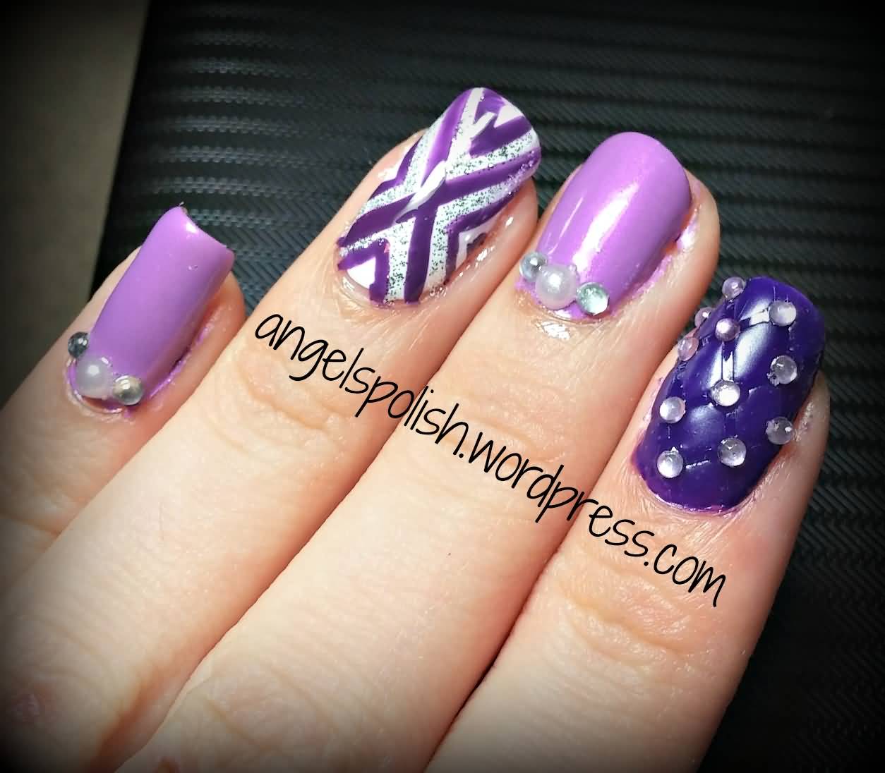 Purple Nails With Silver Chevron Design And Rhinestones