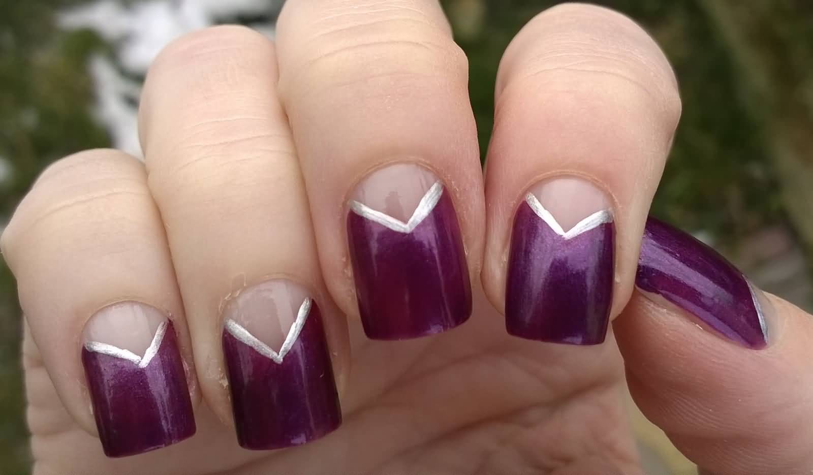 Purple Nails With Silver Chevron Design Nail Art