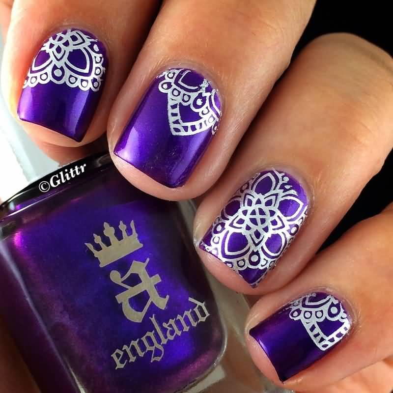 Purple Nails With Silver Flower Stamping Nail Art