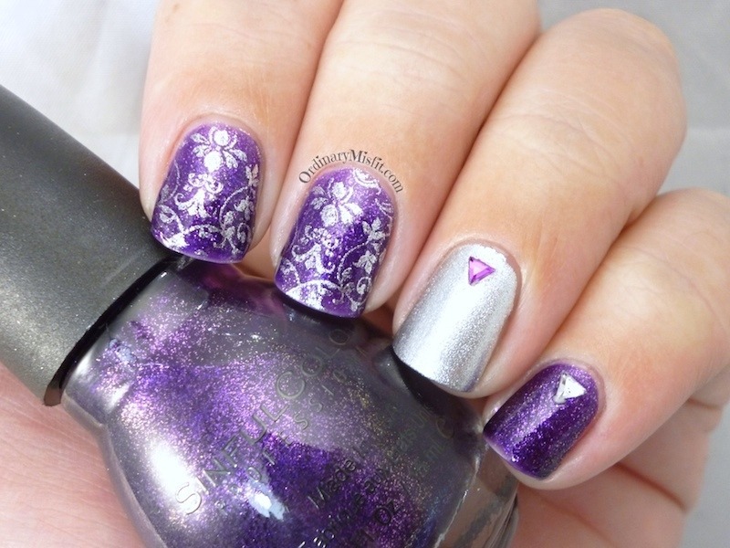 Purple Nails With Silver Flowers Stamping Design Nail Art Idea