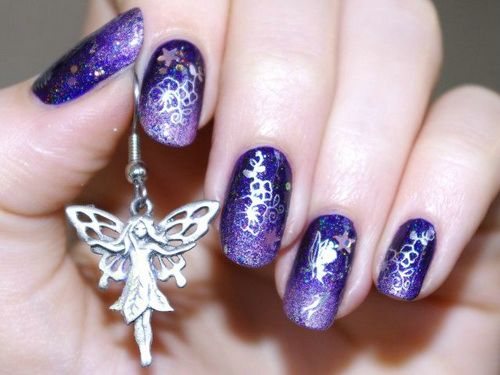 Purple Nails With Silver Flowers Stamping Nail Art Design Idea