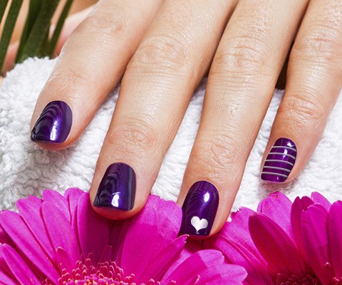 Purple Nails With Silver Heart And Stripes Design Nail Art Idea