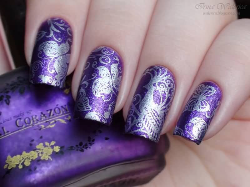 Purple Nails With Silver Peacock Stamping Design Nail Art