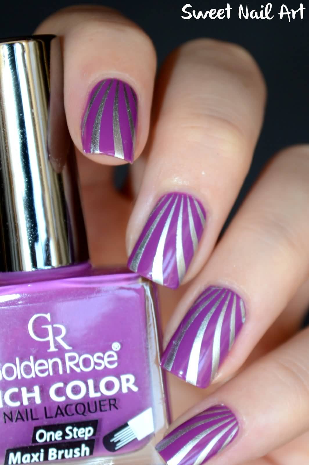 Purple Nails With Silver Rays Design Idea