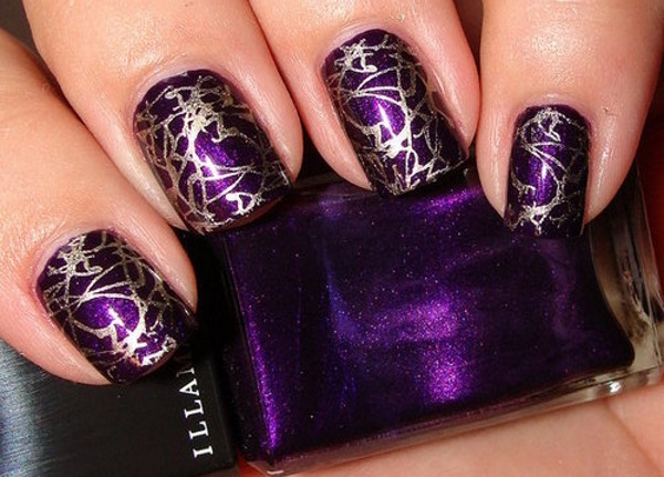 Purple Nails With Silver Stamping Design Nail Art