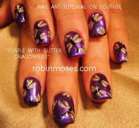 Purple Nails With Silver Glitter Dragonflies Nail Art Design