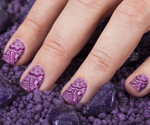 Purple Nails With Stamping Nail Art Design