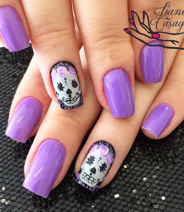 Purple Nails With Sugar Skulls Nail Art Design