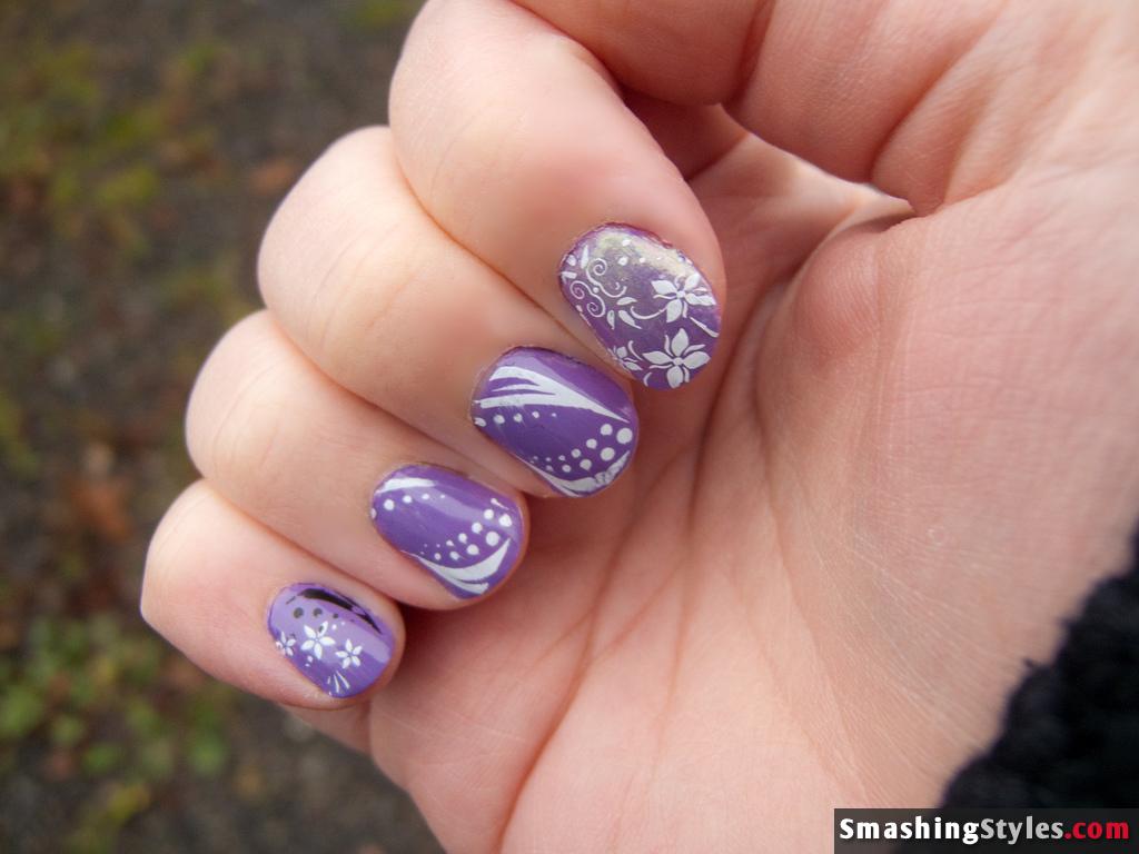 Purple Nails With White Flowers Nail Art Design Idea