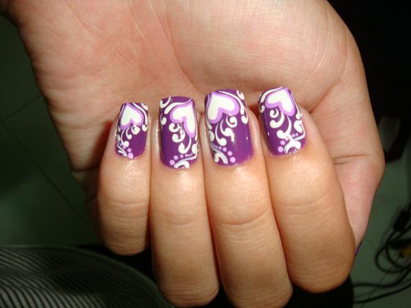 Purple Nails With White Flowers Nail Art