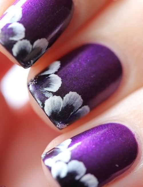 Purple Nails With White Flowers Nail Design Idea