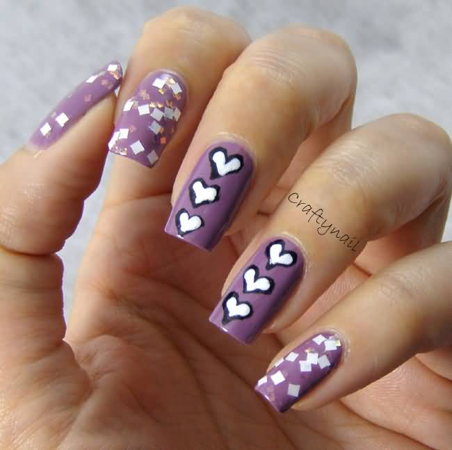 Purple Nails With White Hearts Design Nail Art Idea