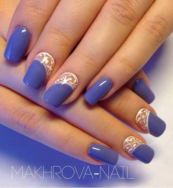 Purple Nails With White Lace Design Nail Art Idea