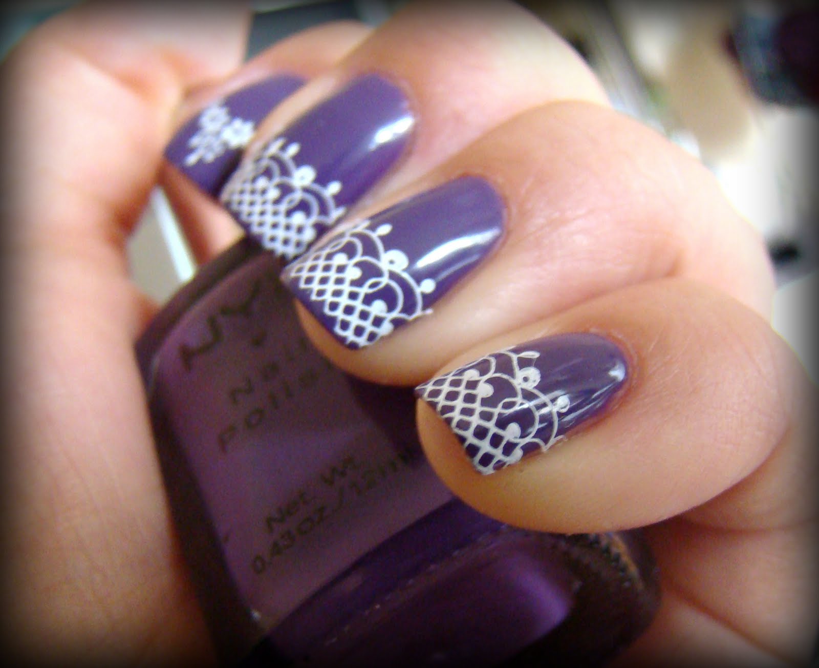 Purple Nails With White Lace Design Nail Art