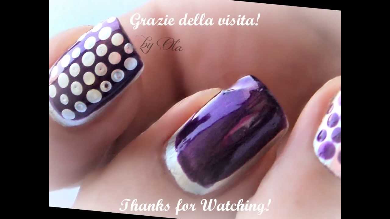 Purple Nails With With Silver Polka Dots Nail Design